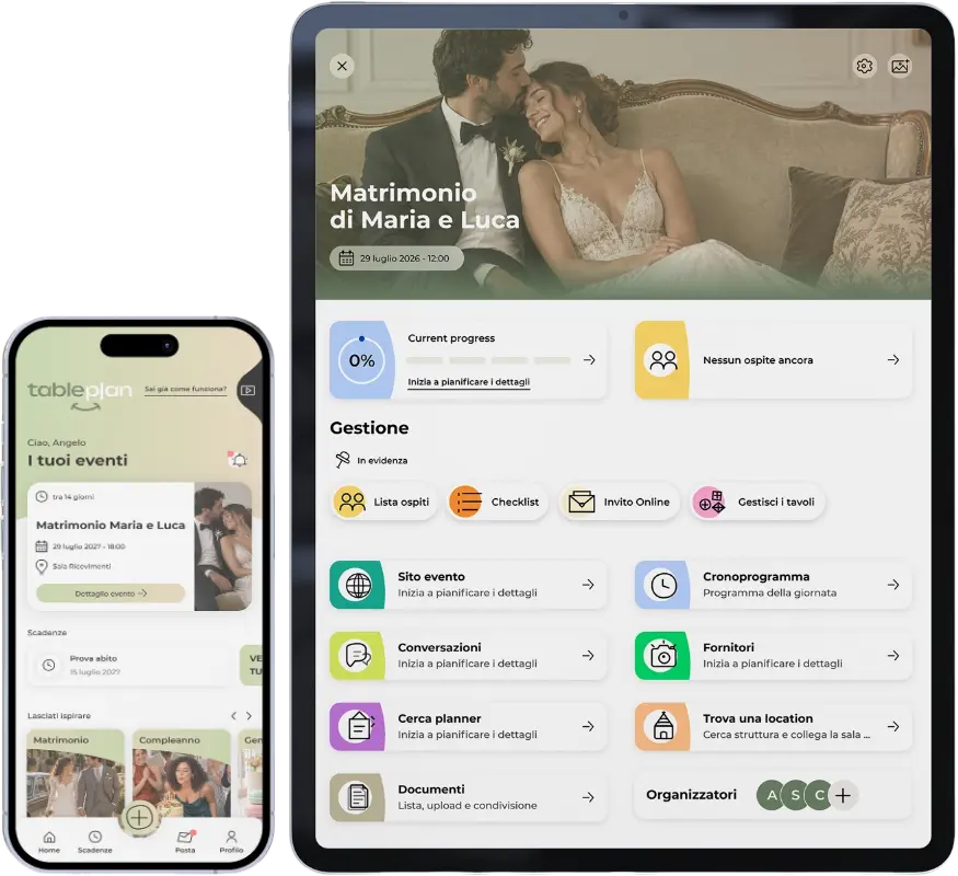 L'app TablePlan su smartphone e la dashboard del matrimonio su tablet
