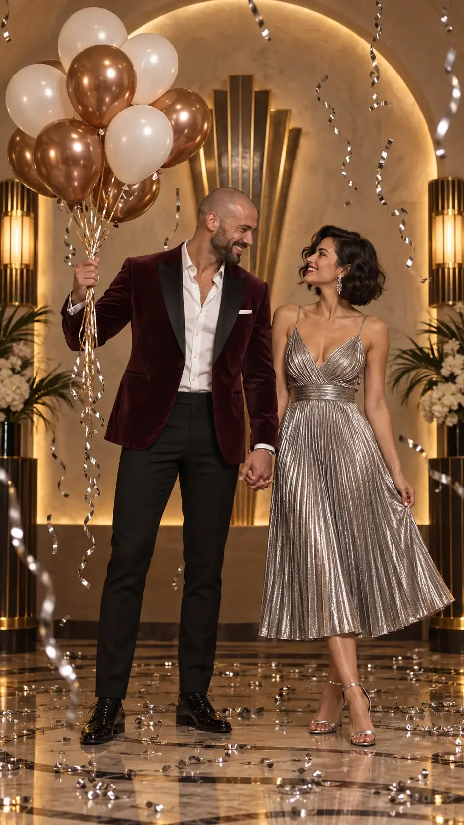 Coppia elegante a una festa tra palloncini e luci
