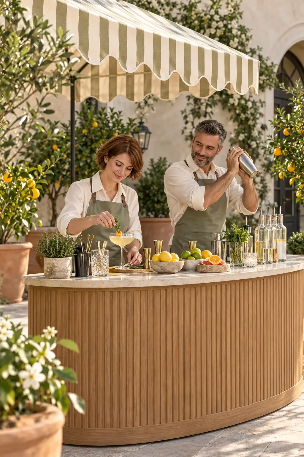 Postazione cocktail bar con staff a un evento in giardino