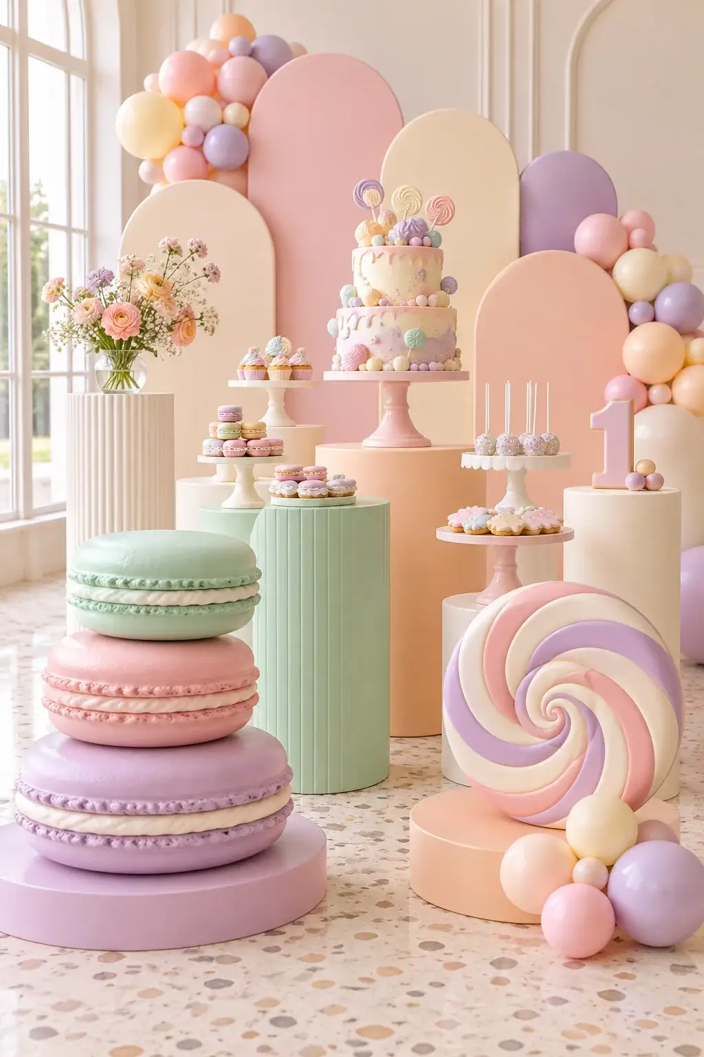 Sweet table con macaron giganti e torta pastello